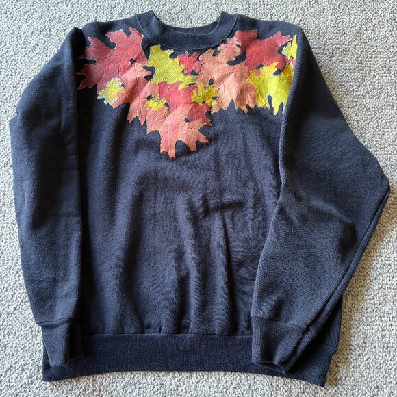 Vintage Tultex Fall Leaves Sweatshirt L Black Handmade Cozy Autumn Vibes 🍁 - Picture 2 of 9